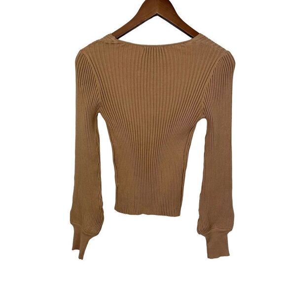 NWT Crescent Neutral Tan Ribbed Knit Balloon Sleeve Blouse, Small - Picture 2 of 7